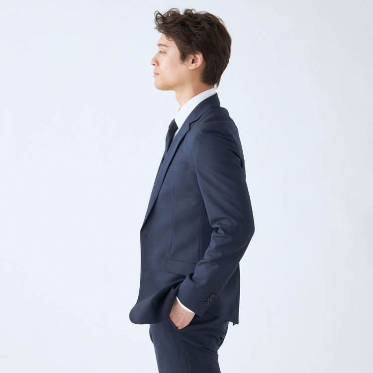 ブラックライン 【SLIM TAPERED_2】【年間】2釦シングルスリーピーススーツ 0タック/ネイビー×シャドーストライプ/ウエストシャーリング/4S SUSTAINABILITY&ECOLOGY FABRIC/リバーシブルベスト仕様（グレー）/※パンツ裾上げ済仕様 紺中間