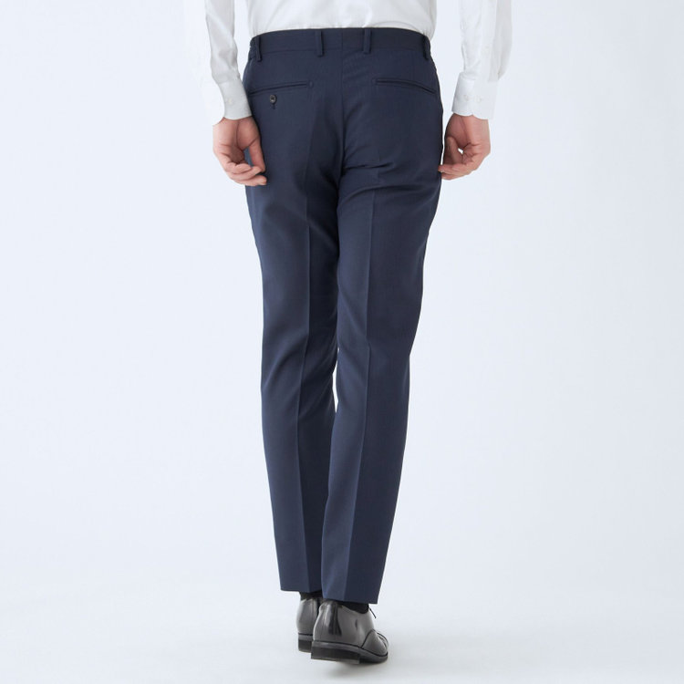 ブラックライン 【SLIM TAPERED_2】【年間】2釦シングルスリーピーススーツ 0タック/ネイビー×シャドーストライプ/ウエストシャーリング/4S SUSTAINABILITY&ECOLOGY FABRIC/リバーシブルベスト仕様（グレー）/※パンツ裾上げ済仕様 紺中間