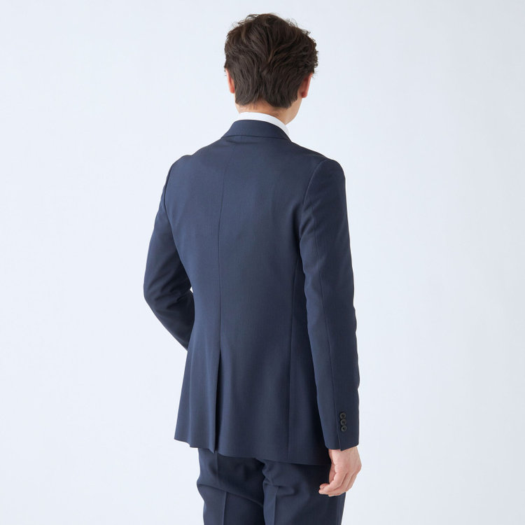 ブラックライン 【SLIM TAPERED_2】【年間】2釦シングルスリーピーススーツ 0タック/ネイビー×シャドーストライプ/ウエストシャーリング/4S SUSTAINABILITY&ECOLOGY FABRIC/リバーシブルベスト仕様（グレー）/※パンツ裾上げ済仕様 紺中間