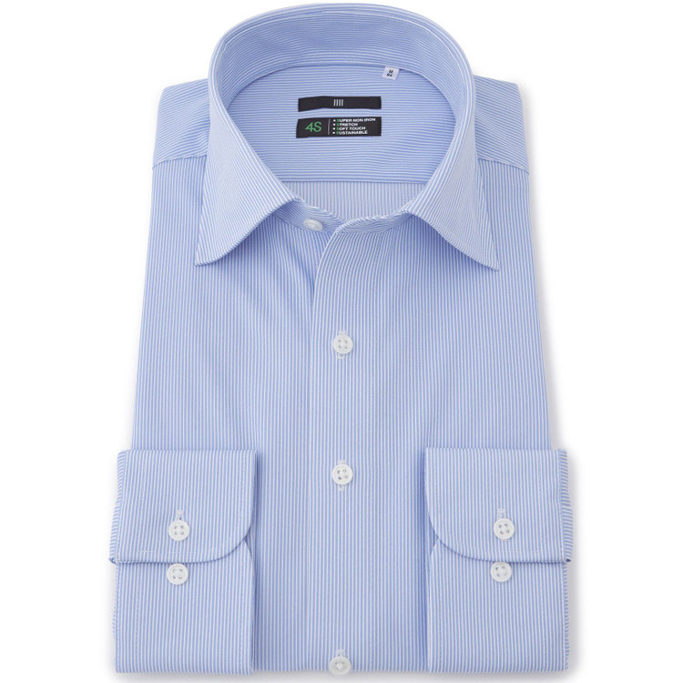 ブラックライン 【BLACK LINE】ワイドカラーワイシャツ/ブルー×ストライプ/「4S」スーパーノンアイロン・ストレッチ/Oil guard 青中間