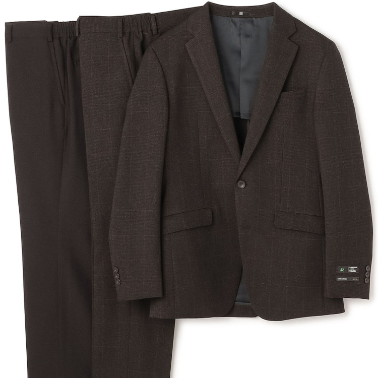 ブラックライン 【発送在庫あり】【SLIM TAPERED_2】【秋冬】コーディネートパンツ付き/2釦シングルスーツ 0タック/ブラウン×チェック+ブラックソリッドパンツ/ウエストシャーリング/4S SUSTAINABILITY/※パンツ裾上げ済仕様 茶濃色