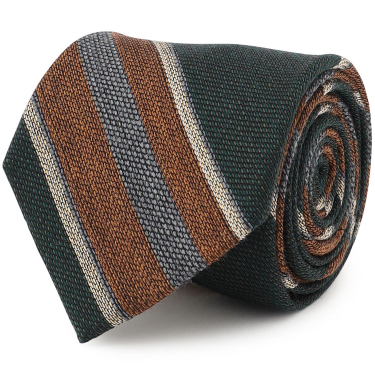 シルバーライン 【発送在庫あり】【SL】コットンウールシルクストライプネクタイ 8.5cm幅/グリーン×ブラウン×グレー/ITALIAN FABRICS その他