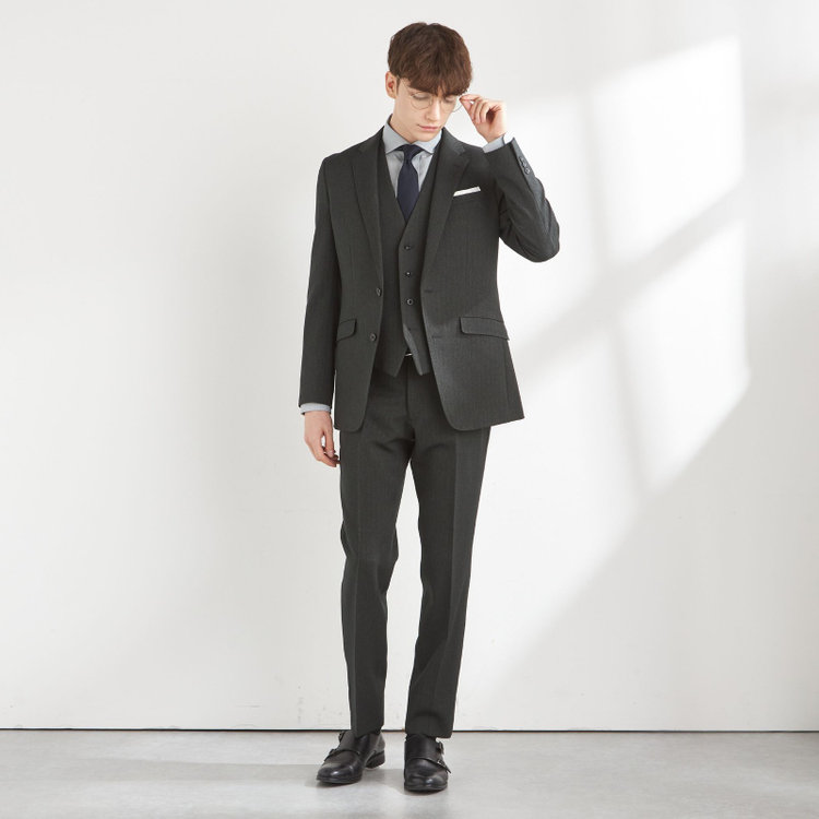 ブラックライン 【SLIM TAPERED_2】【秋冬】2釦シングルスリーピーススーツ 0タック/グリーン×シャドーストライプ/ウエストシャーリング/4S SUSTAINABILITY&ECOLOGY FABRIC/※パンツ裾上げ済仕様 緑濃色