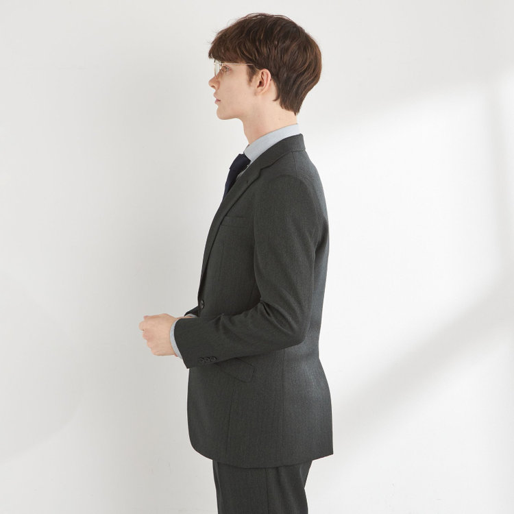 ブラックライン 【SLIM TAPERED_2】【秋冬】2釦シングルスリーピーススーツ 0タック/グリーン×シャドーストライプ/ウエストシャーリング/4S SUSTAINABILITY&ECOLOGY FABRIC/※パンツ裾上げ済仕様 緑濃色