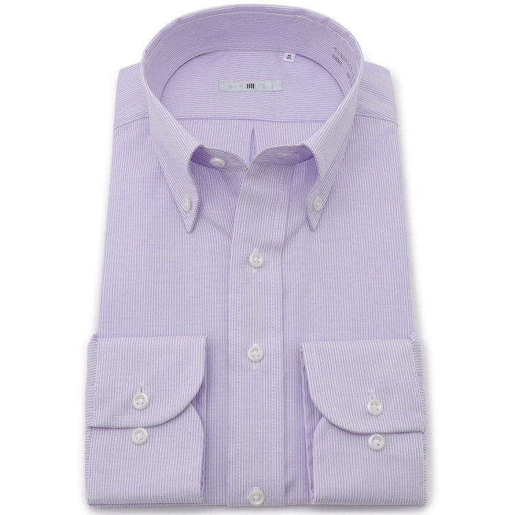 シルバーライン 【発送在庫あり】【SILVER LINE】【形態安定】ボタンダウンドレスワイシャツ/ホワイト×パープルストライプ 紫中間