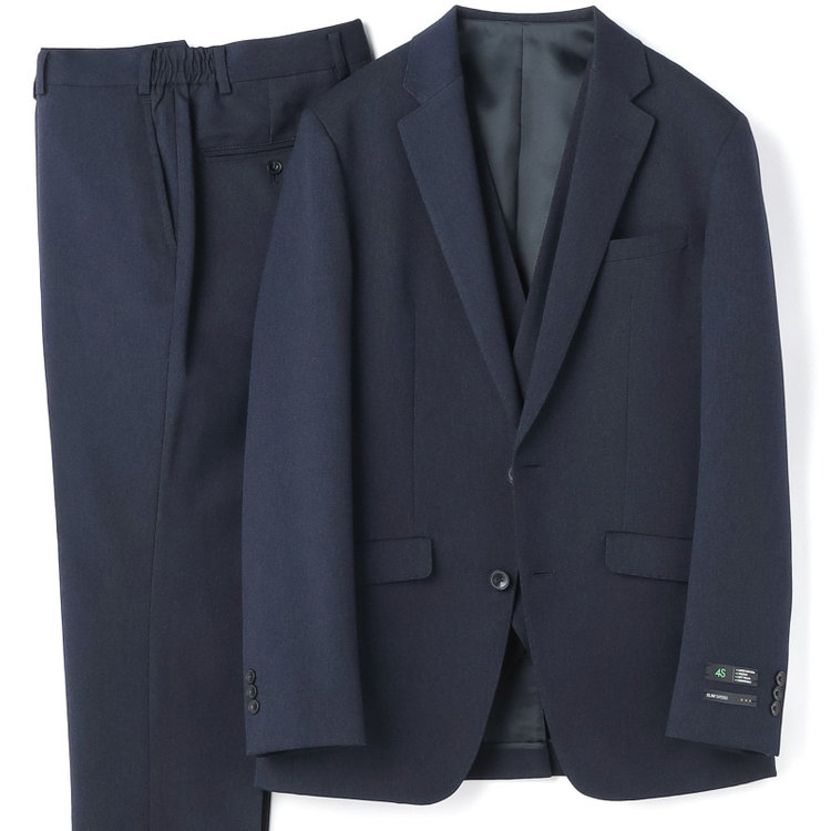 ブラックライン 【SLIM TAPERED_2】【年間】2釦シングルスリーピーススーツ 0タック/ネイビー/ウエストシャーリング/4S SUSTAINABILITY&ECOLOGY FABRIC/リバーシブルベスト仕様（グレー）/※パンツ裾上げ済仕様 紺濃色