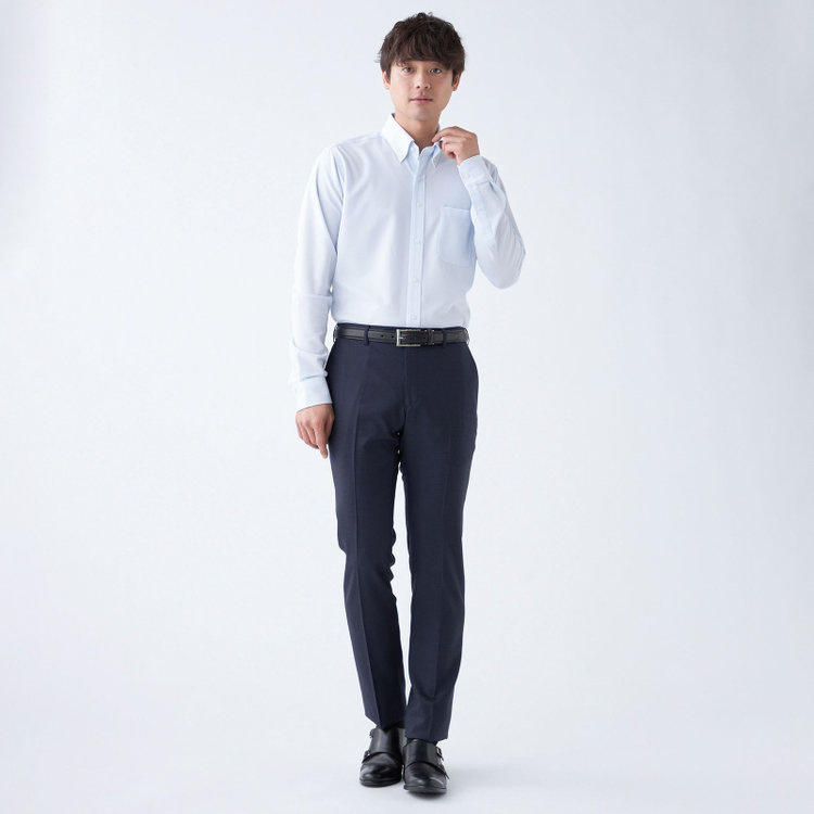 ブラックライン 【SLIM TAPERED】【秋冬】ウールブレンドパンツ 0タック/ネイビー＆ブラック×ハウンドトゥース/ウォッシャブル/ウエストムーブ/※裾上げ必要 青中間