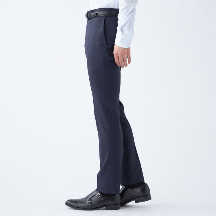 ブラックライン 【SLIM TAPERED】【秋冬】ウールブレンドパンツ 0タック/ネイビー＆ブラック×ハウンドトゥース/ウォッシャブル/ウエストムーブ/※裾上げ必要 青中間