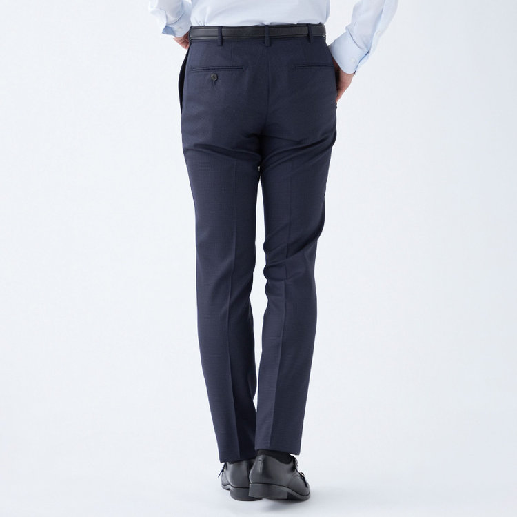ブラックライン 【SLIM TAPERED】【秋冬】ウールブレンドパンツ 0タック/ネイビー＆ブラック×ハウンドトゥース/ウォッシャブル/ウエストムーブ/※裾上げ必要 青中間
