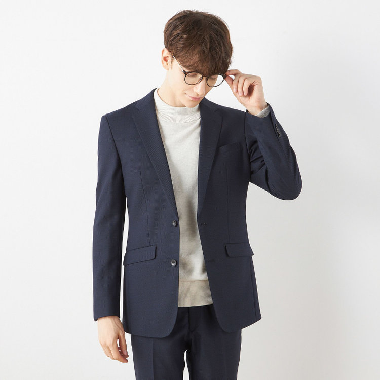 ブラックライン 【SLIM TAPERED_2】【秋冬】2釦シングルスーツ 0タック/ネイビー×バーズアイ/ウエストシャーリング/4S SUSTAINABILITY&ECOLOGY FABRIC/※パンツ裾上げ済仕様 紺中間