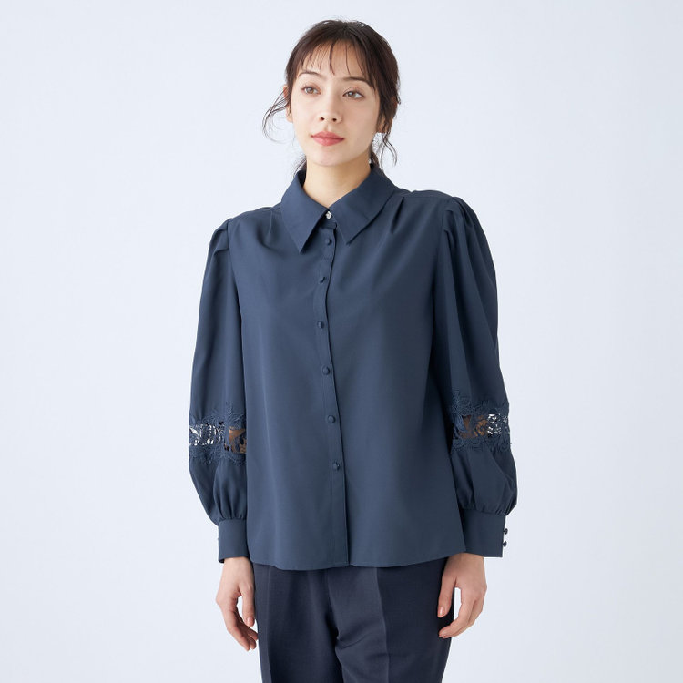 スーツセレクト 【Lady Like BLOUSE】【長袖】袖レース切替えブラウス/ダークネイビー 紺中間