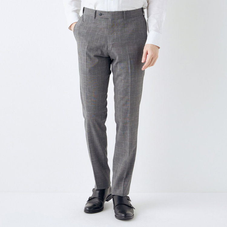 ブラックライン 【SLIM TAPERED】【春夏】0タックテーパードパンツ/グレー×チェック/ウエストムーブ/ウォッシャブル/4S SUSTAINABILITY&ECOLOGY FABRIC/※裾上げ必要 グレー中間