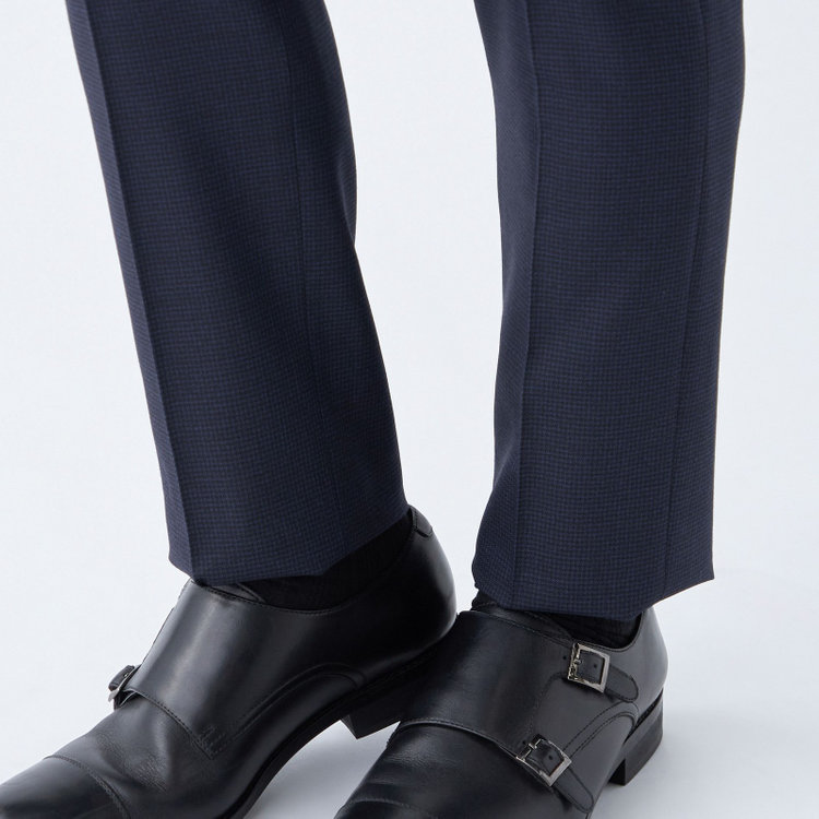 ブラックライン 【SLIM TAPERED】【秋冬】ウールブレンドパンツ 0タック/ネイビー＆ブラック×ハウンドトゥース/ウォッシャブル/ウエストムーブ/※裾上げ必要 青中間