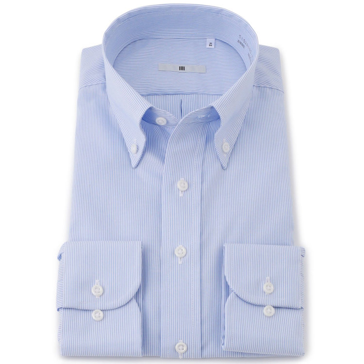 シルバーライン 【発送在庫あり】【SILVER LINE】【形態安定】ボタンダウンドレスワイシャツ/ホワイト×ブルーストライプ 青濃色