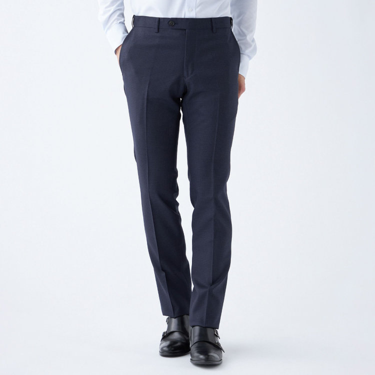 ブラックライン 【SLIM TAPERED】【秋冬】ウールブレンドパンツ 0タック/ネイビー＆ブラック×ハウンドトゥース/ウォッシャブル/ウエストムーブ/※裾上げ必要 青中間