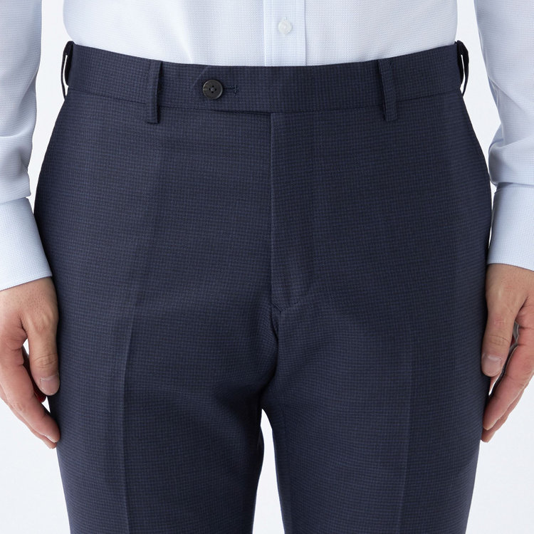 ブラックライン 【SLIM TAPERED】【秋冬】ウールブレンドパンツ 0タック/ネイビー＆ブラック×ハウンドトゥース/ウォッシャブル/ウエストムーブ/※裾上げ必要 青中間