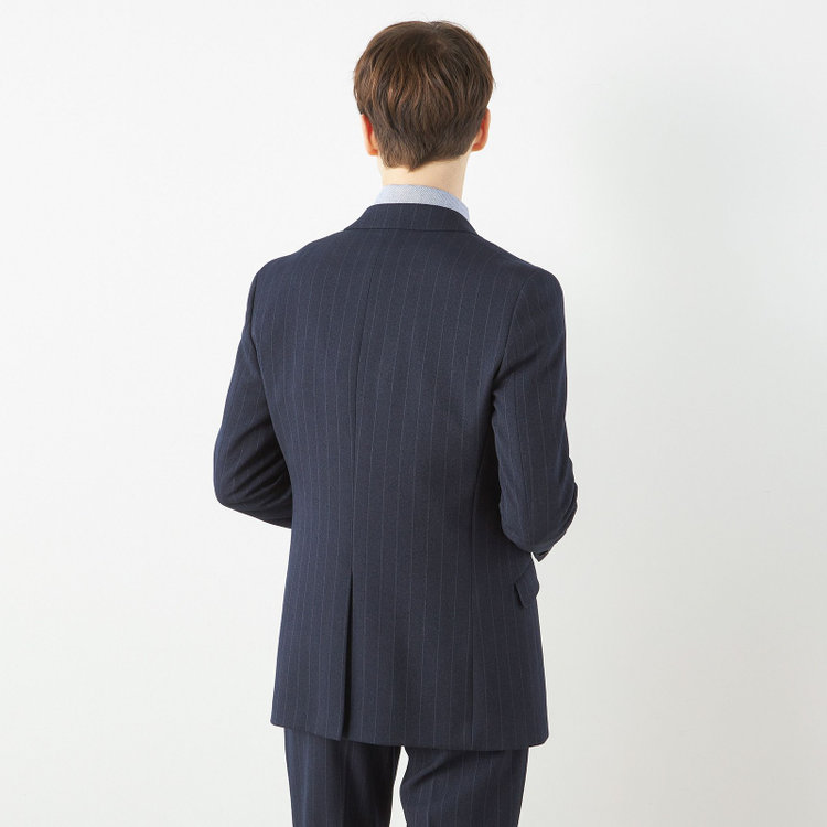 ブラックライン 【SLIM TAPERED_2】【秋冬】2釦シングルスリーピーススーツ 0タック/ネイビー×ストライプ/ウエストシャーリング/4S SUSTAINABILITY&ECOLOGY FABRIC/※パンツ裾上げ済仕様 紺濃色