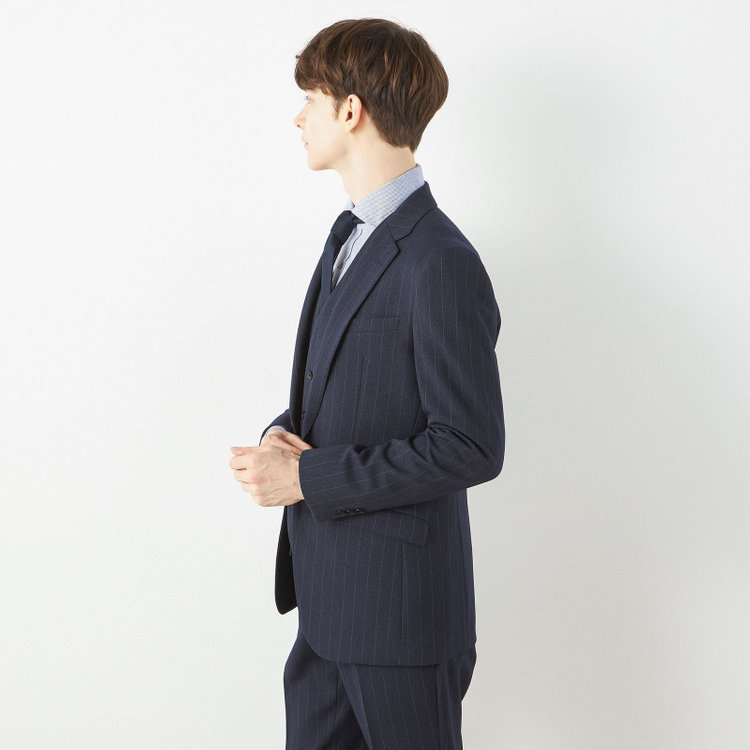 ブラックライン 【SLIM TAPERED_2】【秋冬】2釦シングルスリーピーススーツ 0タック/ネイビー×ストライプ/ウエストシャーリング/4S SUSTAINABILITY&ECOLOGY FABRIC/※パンツ裾上げ済仕様 紺濃色