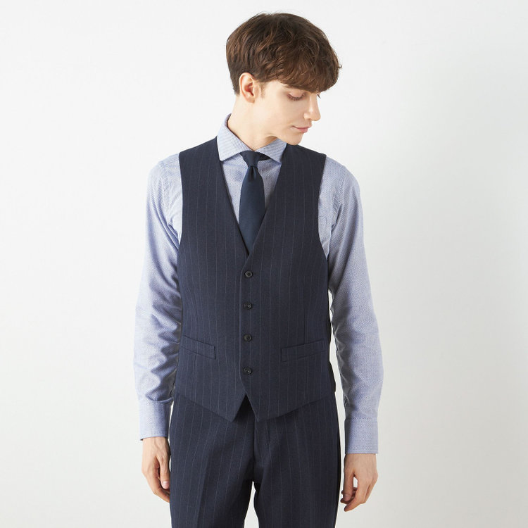 ブラックライン 【SLIM TAPERED_2】【秋冬】2釦シングルスリーピーススーツ 0タック/ネイビー×ストライプ/ウエストシャーリング/4S SUSTAINABILITY&ECOLOGY FABRIC/※パンツ裾上げ済仕様 紺濃色