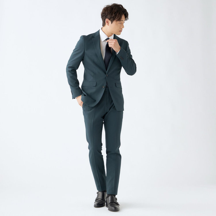 ブラックライン 【発送在庫あり】【SLIM TAPERED_2】【春夏】2釦シングルスーツ 0タック/グリーン×ソリッド/ウエストムーブ/REDA ACTIVE/NEW ZEALAND WOOL MERINO/SHOWER CLEAN/※裾上げ必要 緑濃色