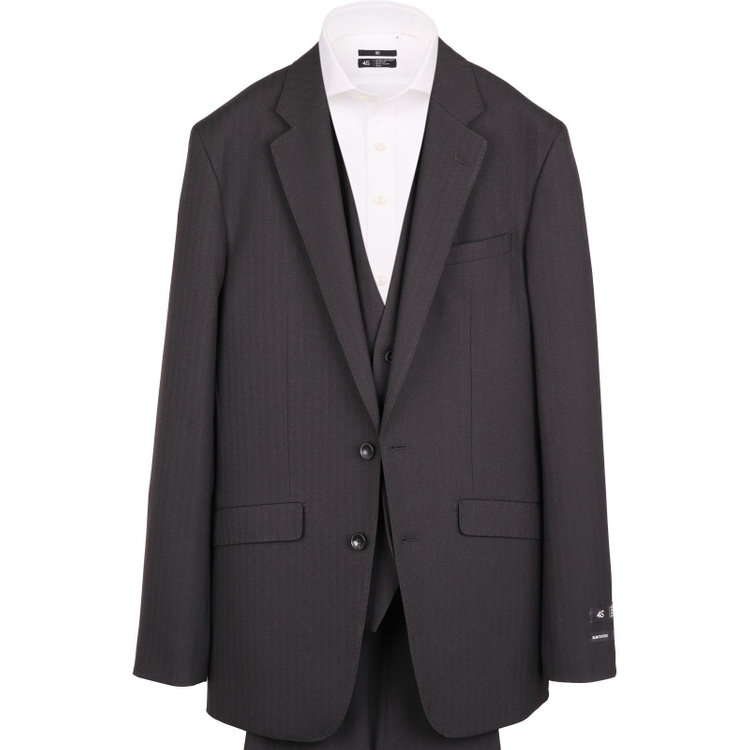 スーツセレクト 【発送在庫あり】【SLIM TAPERED_2】【年間】2釦シングルスリーピーススーツ 0タック/ブラック×シャドーストライプ/4S/※パンツ裾上げ済仕様 ブラック系(黒)