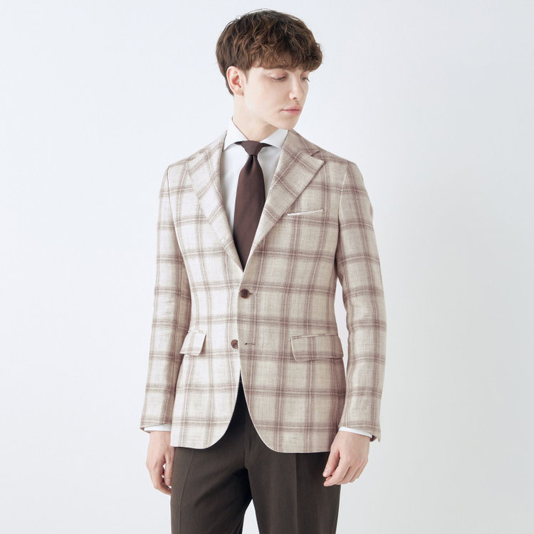 シルバーライン 【CLASSICO TAPERED】【春夏】リネンウールワイドラペル3釦段返りジャケット/ベージュ＆ブラウン×チェック/DRAGO lanificio in billa fabric made in italy 茶淡色