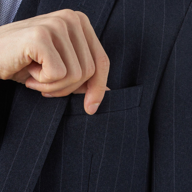ブラックライン 【SLIM TAPERED_2】【秋冬】2釦シングルスリーピーススーツ 0タック/ネイビー×ストライプ/ウエストシャーリング/4S SUSTAINABILITY&ECOLOGY FABRIC/※パンツ裾上げ済仕様 紺濃色