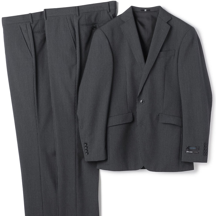 ブラックライン 【KSW】【春夏】スペアパンツ付き/2釦シングルスーツ 0タック/グレー×ストライプ/※裾上げ必要 グレー中間