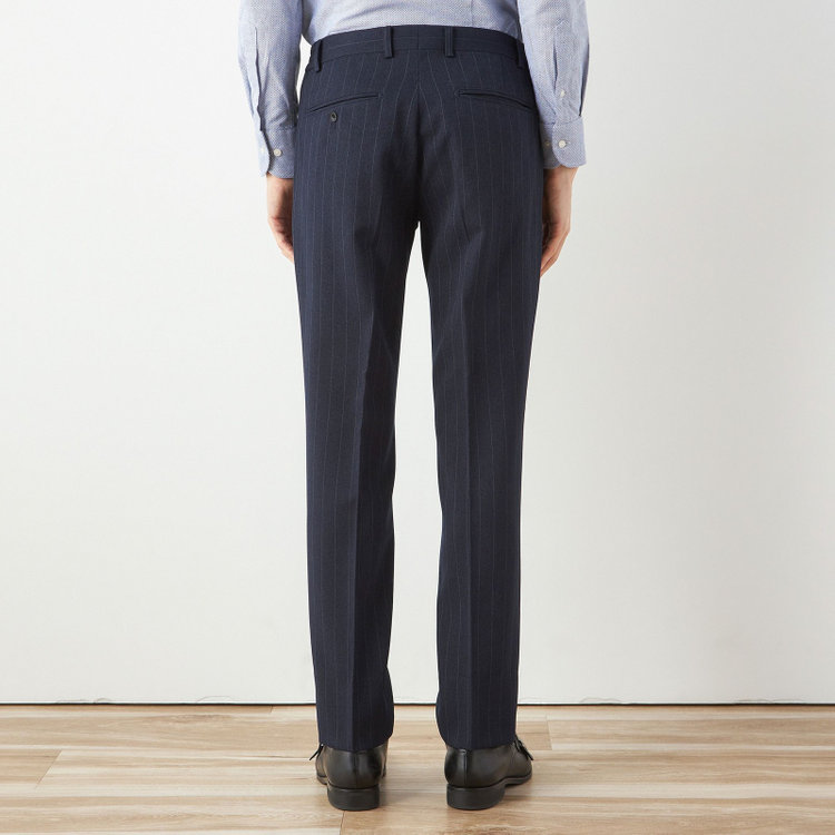 ブラックライン 【SLIM TAPERED_2】【秋冬】2釦シングルスリーピーススーツ 0タック/ネイビー×ストライプ/ウエストシャーリング/4S SUSTAINABILITY&ECOLOGY FABRIC/※パンツ裾上げ済仕様 紺濃色