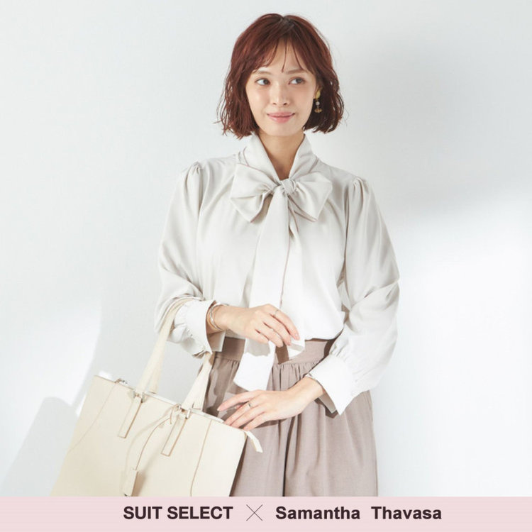 スーツセレクト 【SUIT SELECT×Samantha Thavasa】【長袖】前後2WAYボウタイブラウス/ベージュ/「ウォッシャブル可能」「2WAYストレッチ」「防シワ」「UV加工」「接触冷感」「透け軽減」 茶淡色