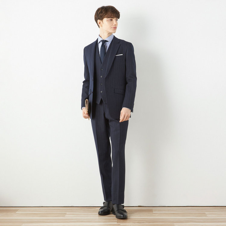 ブラックライン 【SLIM TAPERED_2】【秋冬】2釦シングルスリーピーススーツ 0タック/ネイビー×ストライプ/ウエストシャーリング/4S SUSTAINABILITY&ECOLOGY FABRIC/※パンツ裾上げ済仕様 紺濃色