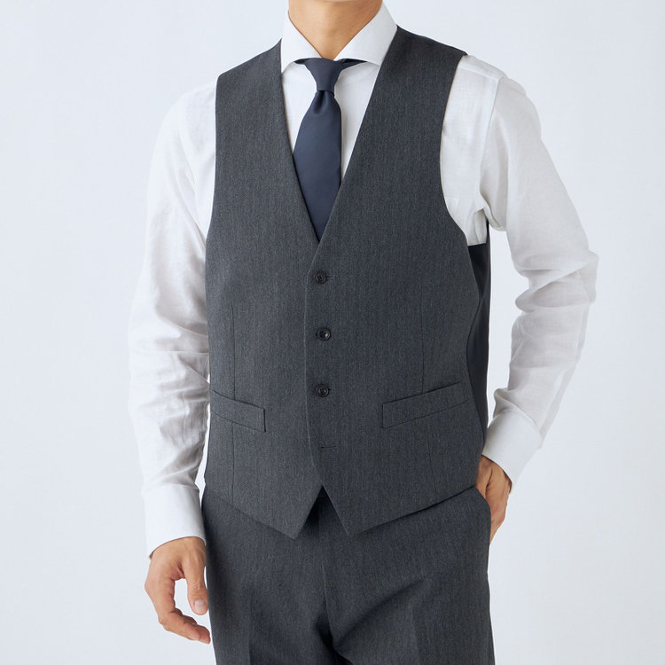 ブラックライン 【SLIM TAPERED_2】【秋冬】2釦シングルスリーピーススーツ 0タック/グレー×シャドーストライプ/ウエストシャーリング/4S SUSTAINABILITY&ECOLOGY FABRIC/※パンツ裾上げ済仕様 グレー中間