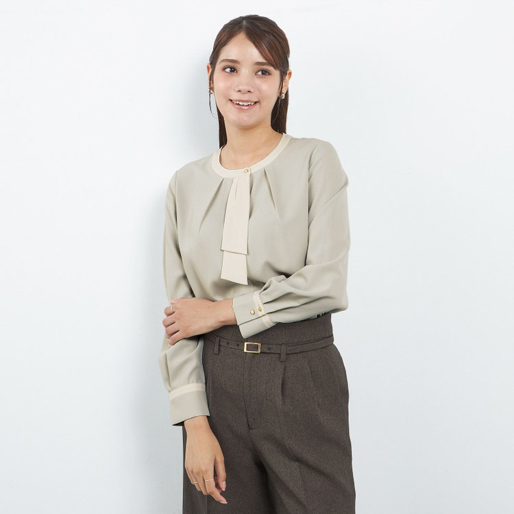 シルバーライン 【SL/長袖】ボウタイライクプルオーバー/グリーン+ホワイト/「ウォッシャブル」「ストレッチ」「防シワ」「UV加工」「静電気防止」 緑淡色