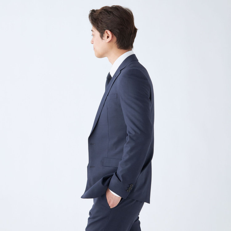 ブラックライン 【SLIM TAPERED_2】【年間】2釦シングルスリーピーススーツ 0タック/ネイビー/ウエストシャーリング/4S SUSTAINABILITY&ECOLOGY FABRIC/※パンツ裾上げ済仕様 紺中間