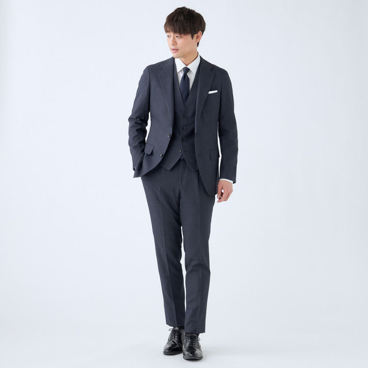 シルバーライン 【発送在庫あり】【CLASSICO TAPERED】【秋冬】2釦シングルスリーピーススーツ 1タック/ネイビー×プレイド/ウエストムーブ/4S SUSTAINABILITY&ECOLOGY FABRIC/※パンツ裾上げ済仕様 紺中間