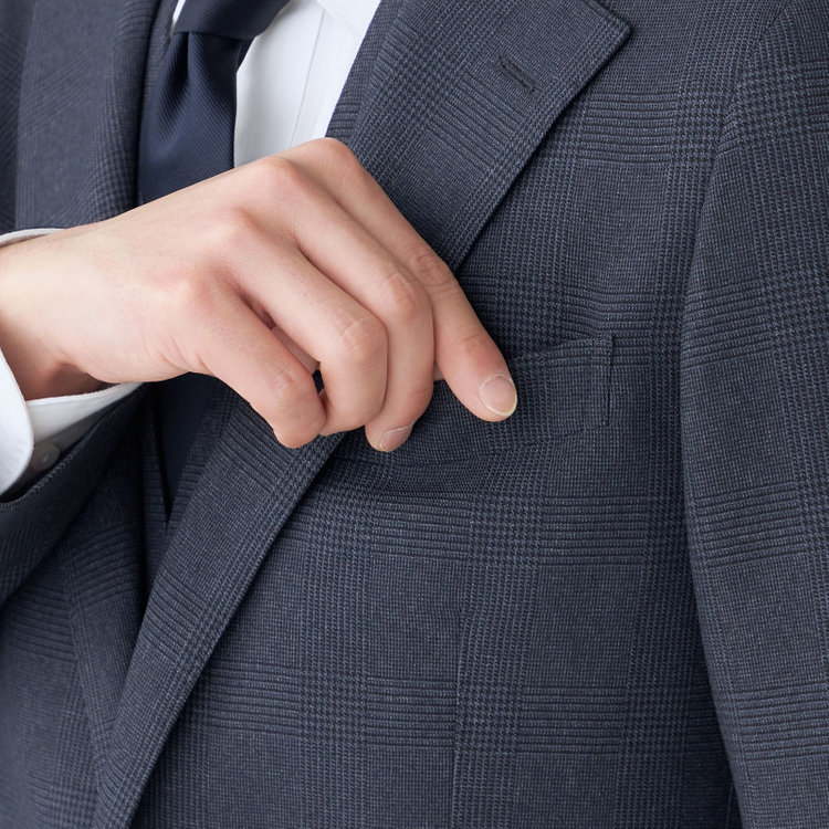 シルバーライン 【発送在庫あり】【CLASSICO TAPERED】【秋冬】2釦シングルスリーピーススーツ 1タック/ネイビー×プレイド/ウエストムーブ/4S SUSTAINABILITY&ECOLOGY FABRIC/※パンツ裾上げ済仕様 紺中間