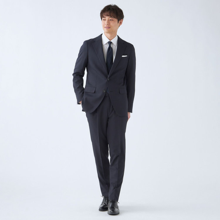 シルバーライン 【CLASSICO TAPERED】【秋冬】スペアパンツ付き/2釦シングルスーツ 1タック/ネイビー×シャドーストライプ/ウエストムーブ/4S SUSTAINABILITY&ECOLOGY FABRIC/※パンツ裾上げ済仕様 紺濃色