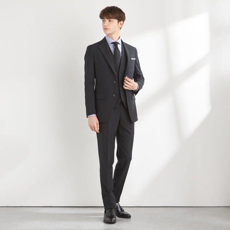 シルバーライン 【CLASSICO TAPERED】【年間】2釦シングルスリーピーススーツ 1タック/ブラック×シャドーチェック/NEW ZEALAND WOOL MIX/※裾上げ必要 黒