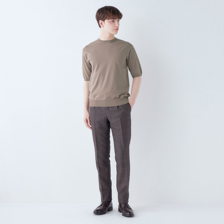 スーツセレクト 【RBC】【5分袖】コットンブレンドクルーネックニット/ブラウン/マシンウォッシャブル 茶淡色