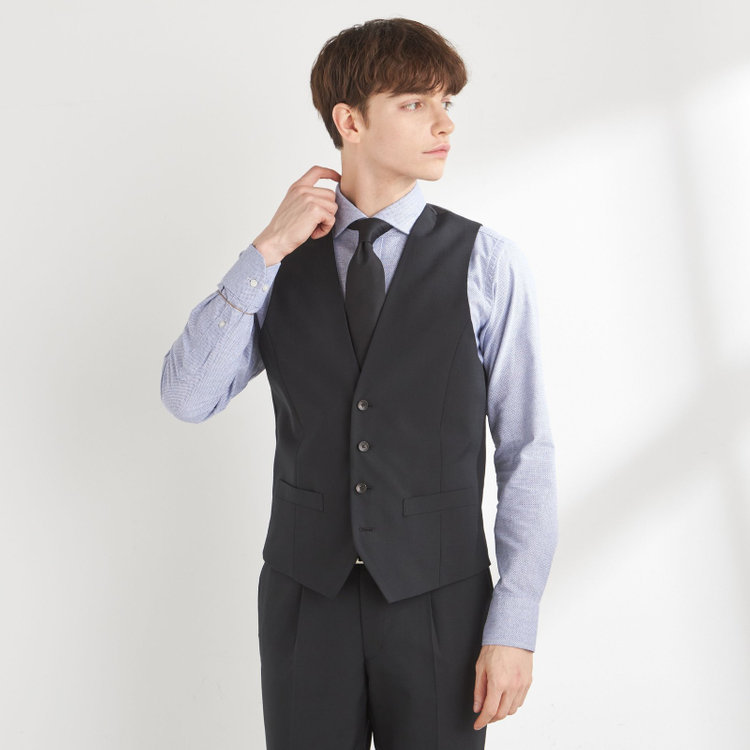 シルバーライン 【CLASSICO TAPERED】【年間】2釦シングルスリーピーススーツ 1タック/ブラック×シャドーチェック/NEW ZEALAND WOOL MIX/※裾上げ必要 黒