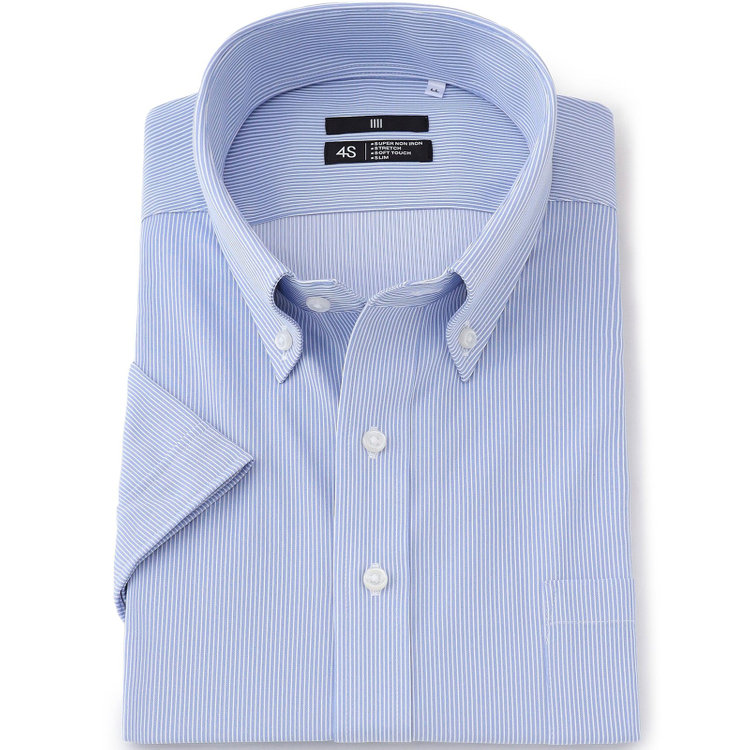 ブラックライン 【発送在庫あり】【BLACK LINE/半袖】ボタンダウンワイシャツ/ブルー×ホワイトストライプ/「4S」スーパーノンアイロン・ストレッチ 青中間