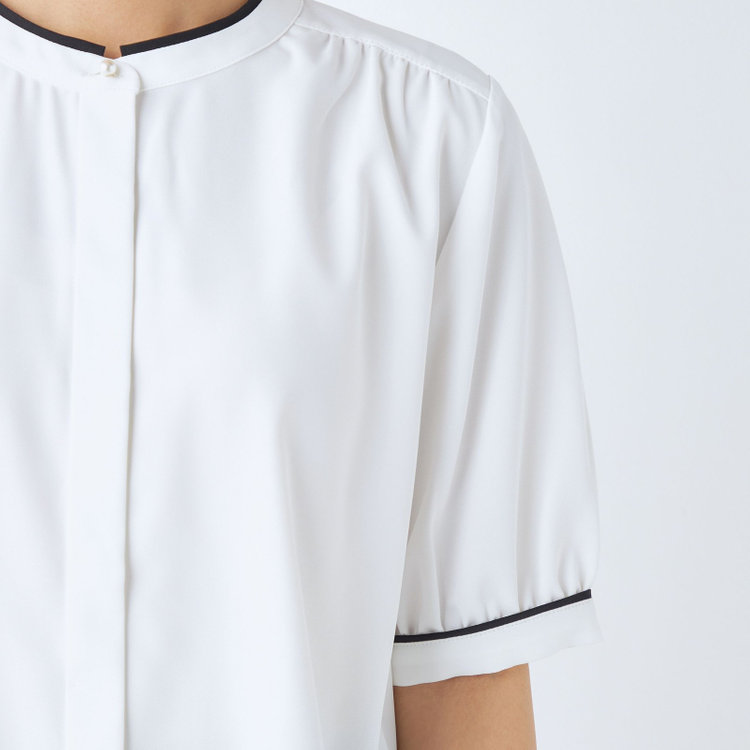 シルバーライン 【SILVER LINE/5分袖】配色切り替えバンドカラープルオーバー/ホワイト 白