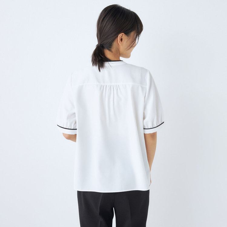 シルバーライン 【SILVER LINE/5分袖】配色切り替えバンドカラープルオーバー/ホワイト 白