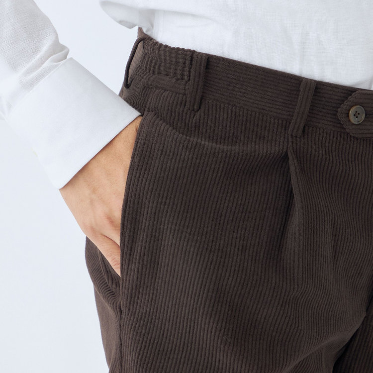 シルバーライン 【CLASSICO TAPERED】【秋冬】1タックテーパードパンツ/ブラウン×コーデュロイ/シャーリング仕様/4S SUSTAINABLE/※裾上げ必要 茶濃色