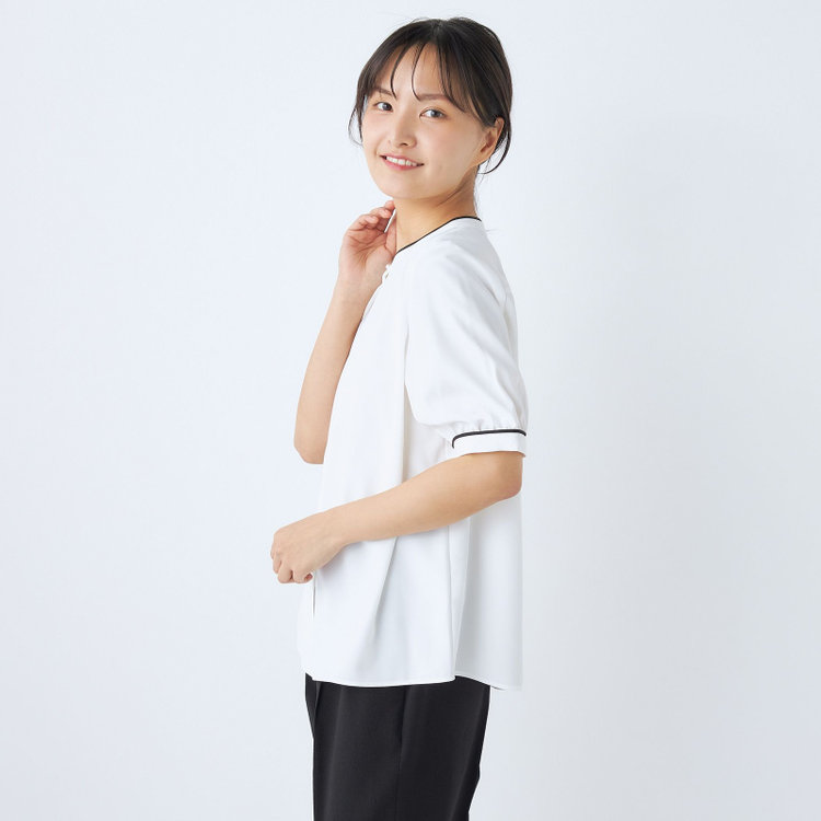 シルバーライン 【SILVER LINE/5分袖】配色切り替えバンドカラープルオーバー/ホワイト 白