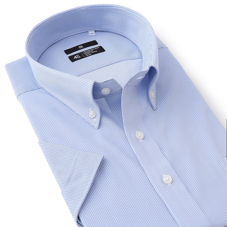 ブラックライン 【発送在庫あり】【BLACK LINE/半袖】ボタンダウンワイシャツ/ブルー×ホワイトストライプ/「4S」スーパーノンアイロン・ストレッチ 青中間