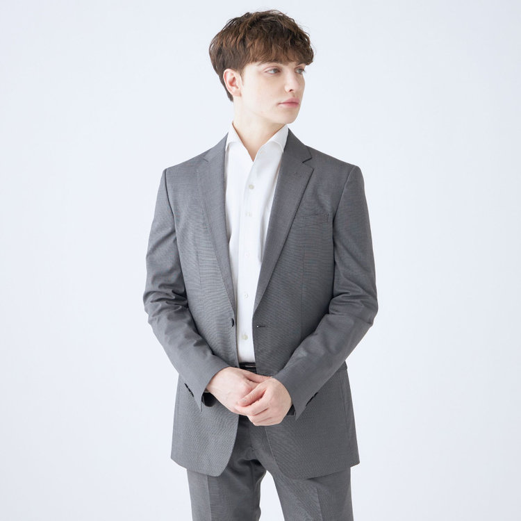 ブラックライン 【SLIM TAPERED_2】【春夏】2釦シングルスーツ 0タック/グレー/ウエストシャーリング/4S SUSTAINABILITY&ECOLOGY FABRIC/ウォッシャブル/※パンツ裾上げ済仕様 グレー中間