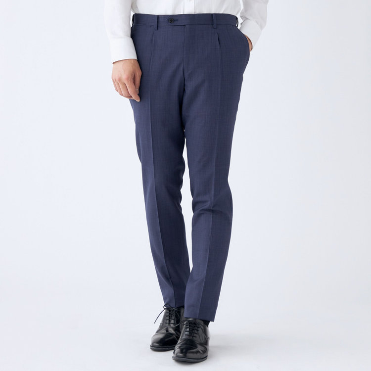SUIT SELECT　アウトレット 【WEB限定/OUTLET/汚れ・キズ等有】【CLASSICO TAPERED】【春夏】ウール 1タックテーパードパンツ/ネイビー×ソリッド/ウエストムーブ/ウォッシャブル/※裾上げ必要 紺淡色