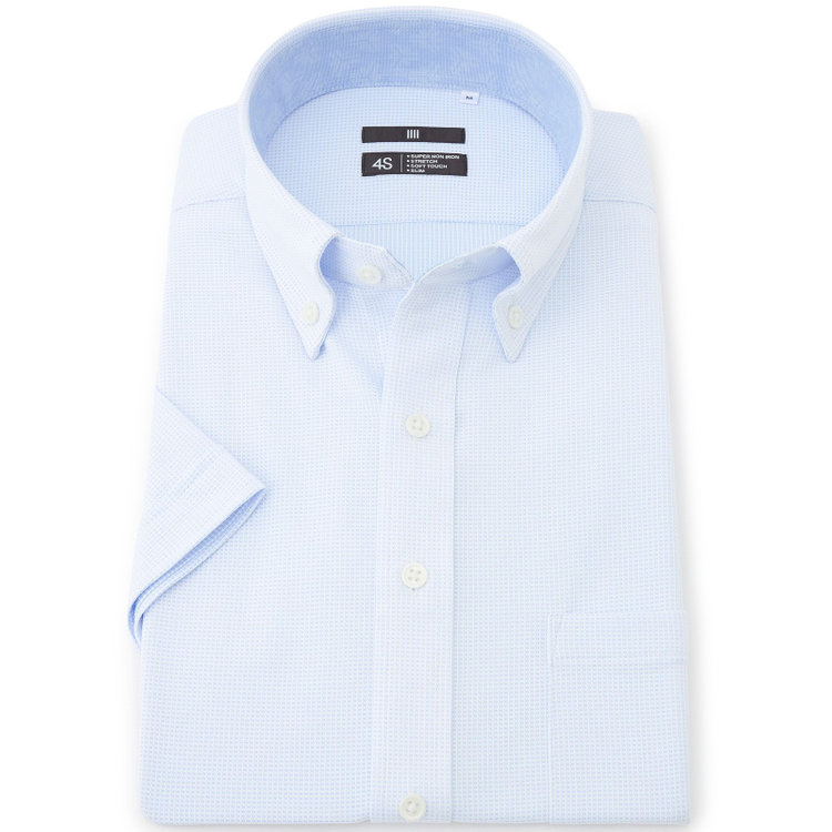 ブラックライン 【BLACK LINE/半袖】ボタンダウンワイシャツ/サックス×ドビー/襟裏別布/「氷撃」冷感PRINT「4S」スーパーノンアイロン・ストレッチ 青淡色