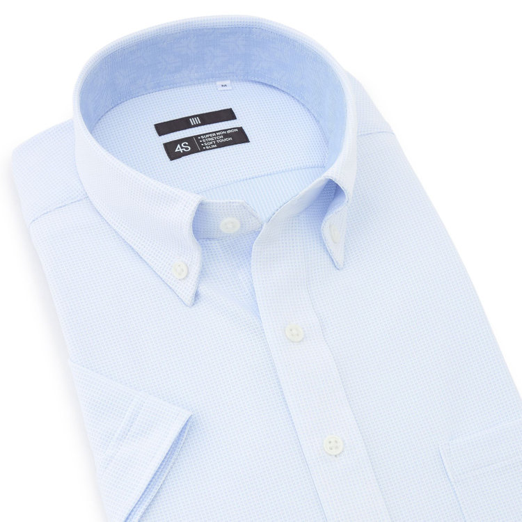 ブラックライン 【BLACK LINE/半袖】ボタンダウンワイシャツ/サックス×ドビー/襟裏別布/「氷撃」冷感PRINT「4S」スーパーノンアイロン・ストレッチ 青淡色